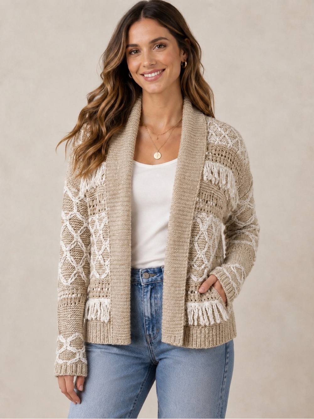 Lucky Brand Beige Fringe Open Front Cardigan Shawl Collar Boho Knit Sweater XS